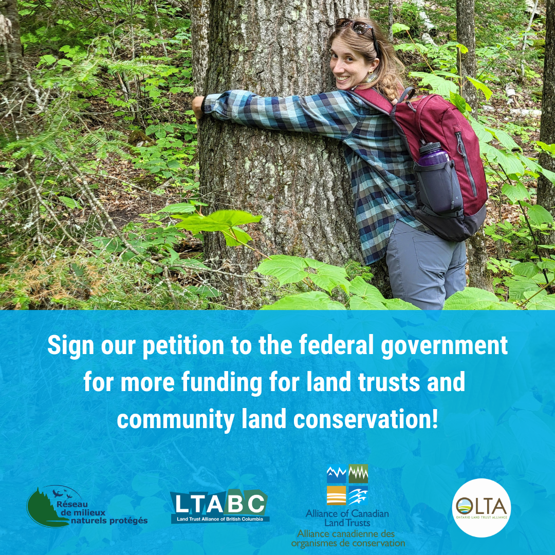 OLTA staff member hugging a tree. Text reads: Sign our petition to the federal government for more funding for land trusts and community land conservation. Logos of RMN, LTABC, ACLT, OLTA